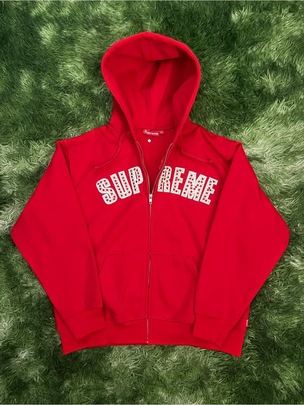 Supreme x bbsimons collab Red full zip up hoodie with rhinestones emblem